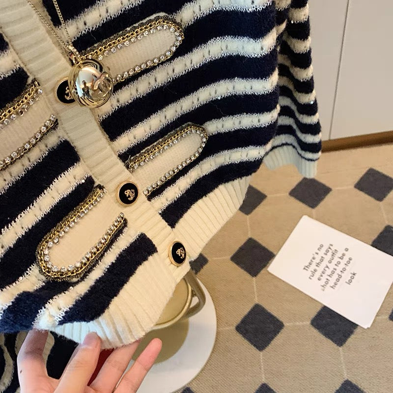 Xiaoxiangfeng Heavy Industry striped sweater cardigan women's autumn and winter 2022 new design sense niche knitted sweater long-sleeved top 1472