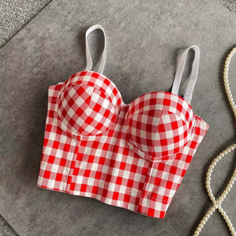 European and American retro jumping disc plaid camisole wear short navel top full cup gather fishbone corset summer