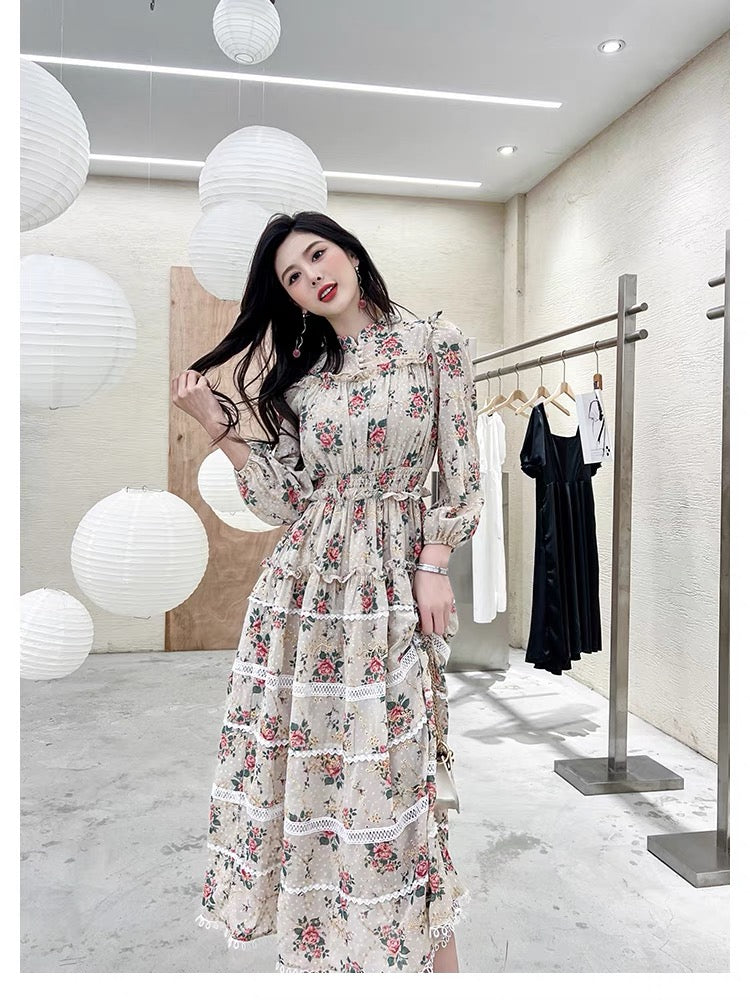 European Station French Print Dress Spring 2022 New Retro Heavy Industry Hollow Long Sleeve Skirt Women's Trend 1420