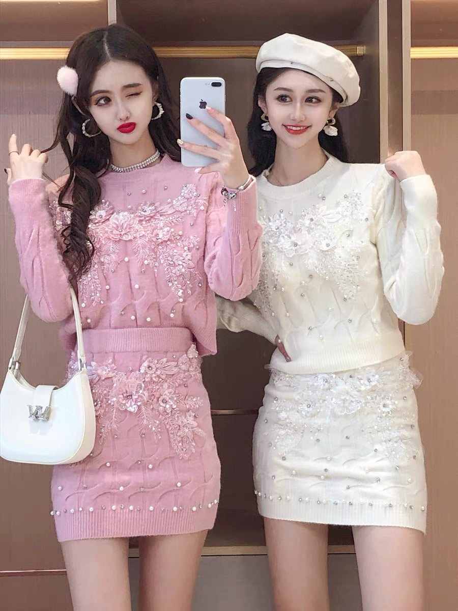 Autumn suit sweet heavy industry beaded sequins flower sweater skirt 2022 new women's knitted two-piece suit