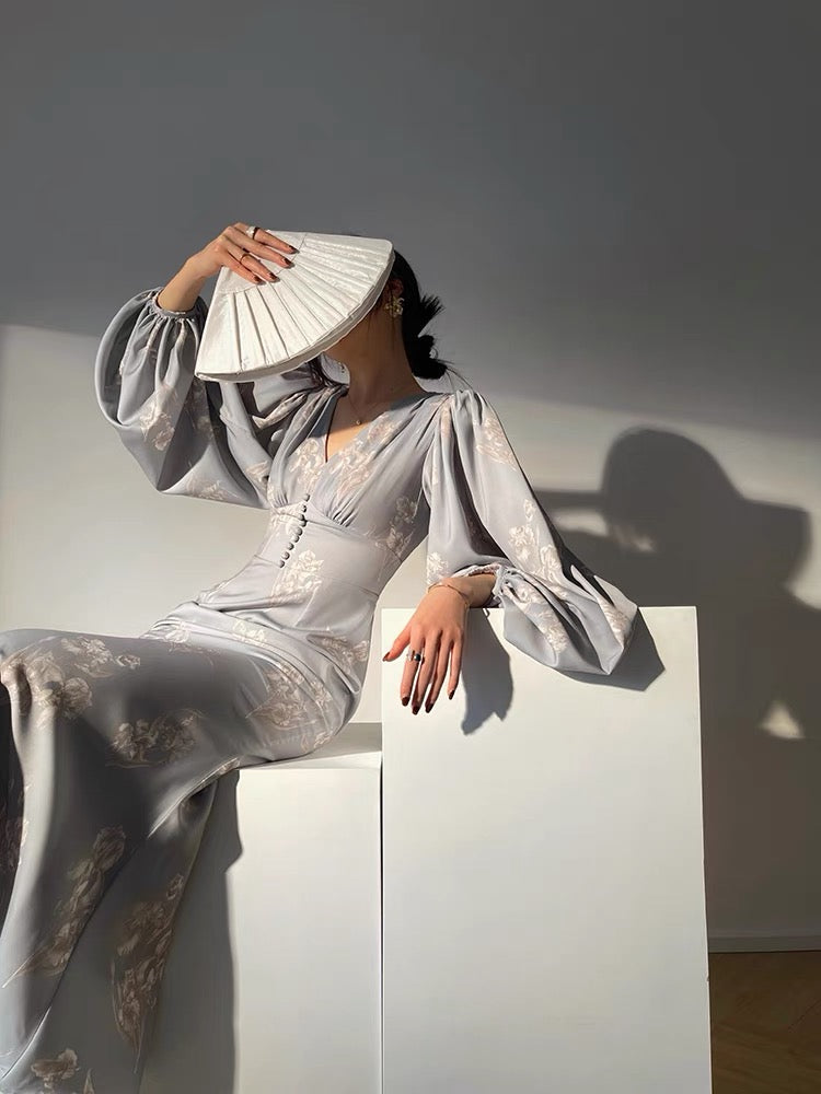 Aconiconi|Qingshan Kite White French elegant v-neck slim temperament mid-length fishtail dress