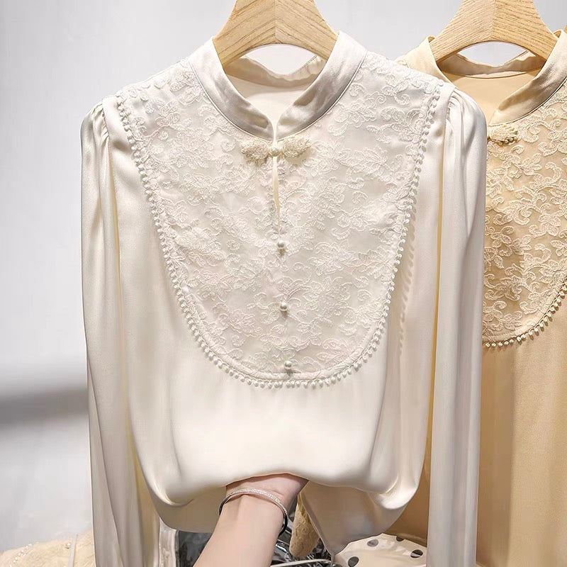 2022 new French temperament stand collar disc button embroidery beaded long-sleeved chiffon shirt women's autumn thin shirt