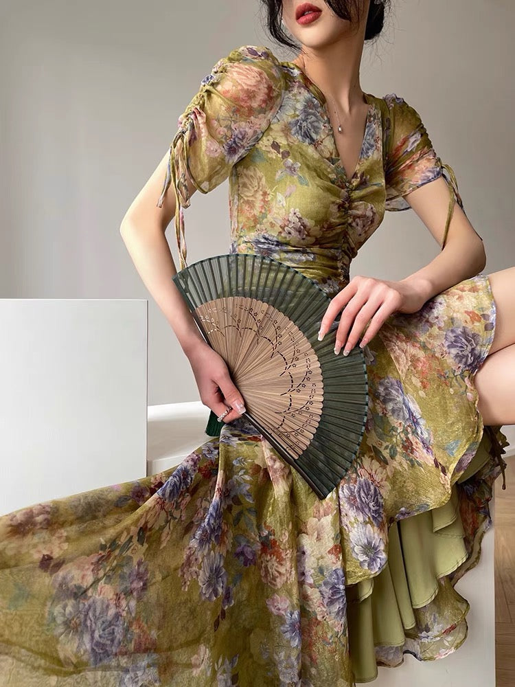 Aconiconi|Senri Yamano French print high-end niche design fishtail drawstring midi dress