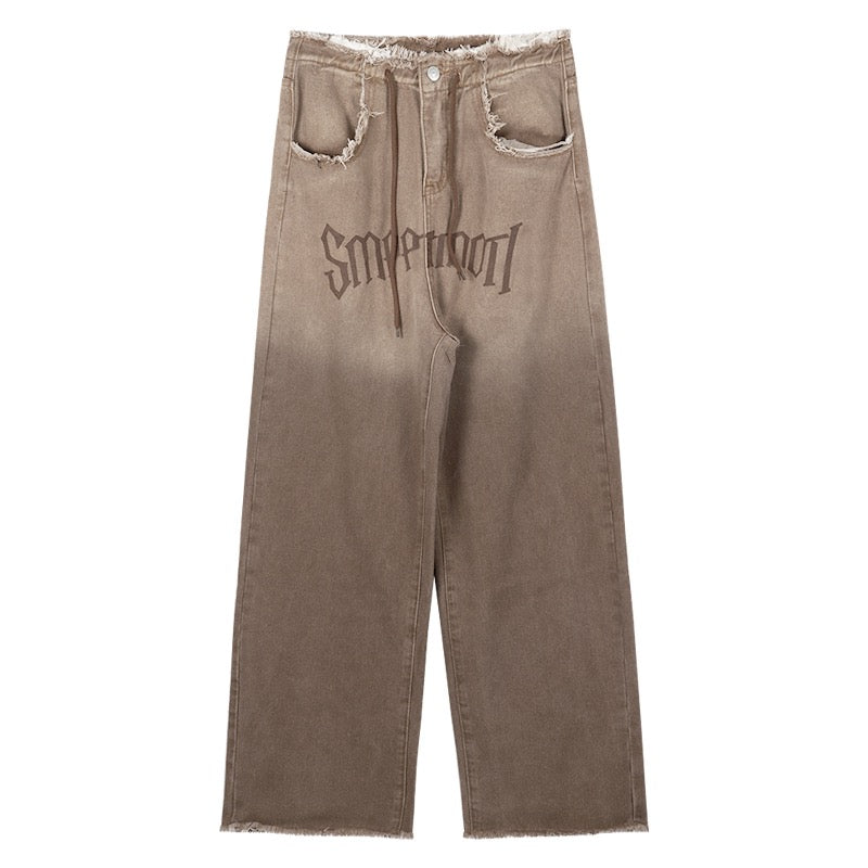 American retro gradient color drawstring straight jeans women's spring ins tide raw high waist wide leg pants trousers