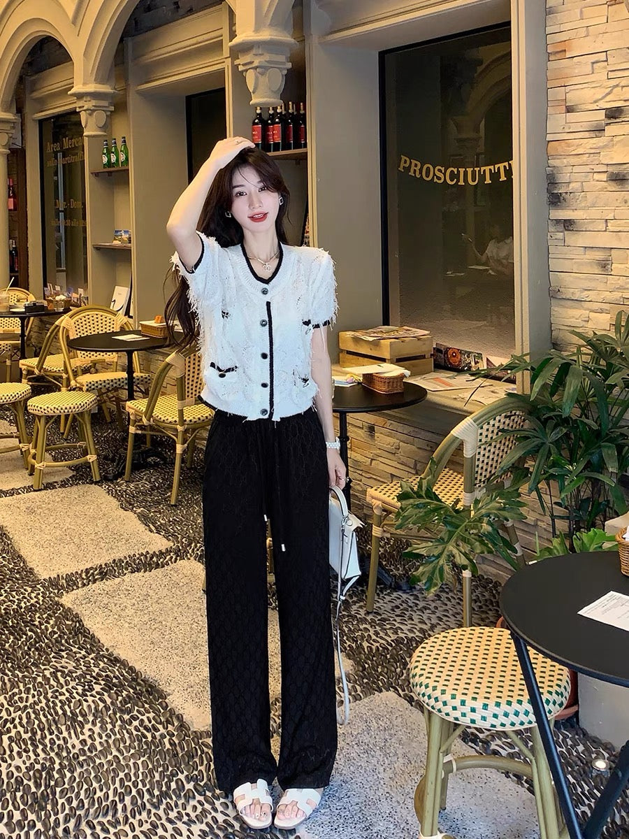 GUOGUOWOMEN Guoguojia casual pants women's retro buckle tassel high waist thin loose a-line wide-leg shorts 1001