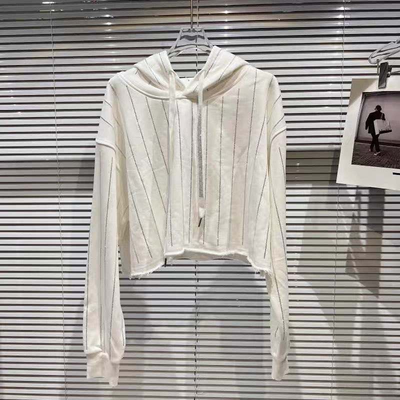 Net red with the same paragraph 2022 autumn new niche models vertical strip rhinestone hot drill hooded drawstring casual sweater hoodie women