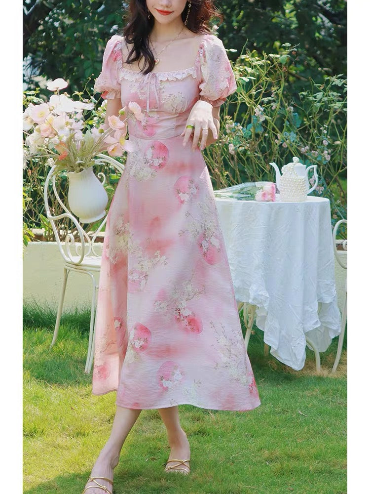 Haze Hezhi "Hibiscus Jade Clothes" Retro New Chinese Dress Women's Square Neck Puff Sleeves Print Mid-Length Dress 1252