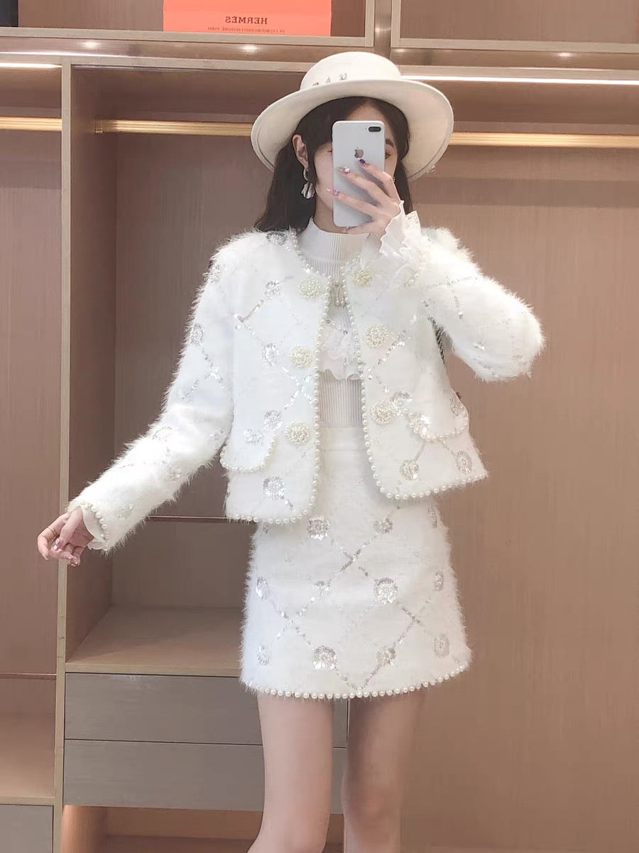 Celebrity temperament high-end suit heavy industry beaded sequins flower coat high waist skirt two-piece women's autumn and winter