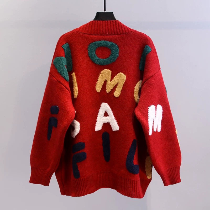Horn button embroidered letter sweater jacket women's autumn and winter 2022 new loose and lazy style knitted cardigan