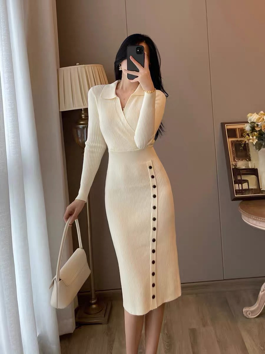 Retro knitted dress women's autumn and winter high-quality temperament high-waisted slim V-neck bottoming sweater skirt long skirt
