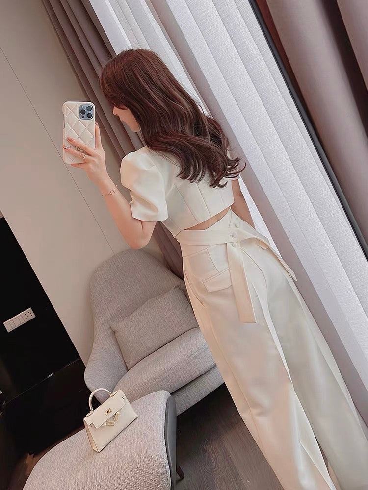 Miss Dong high-end custom light familiar style women's suit 2022 new summer wide-leg pants short-sleeved suit two-piece suit