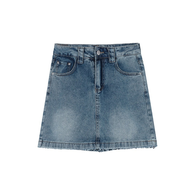 kumikumi washed denim skirt female summer hot girl high waist thin all-match anti-light A-line short skirt
