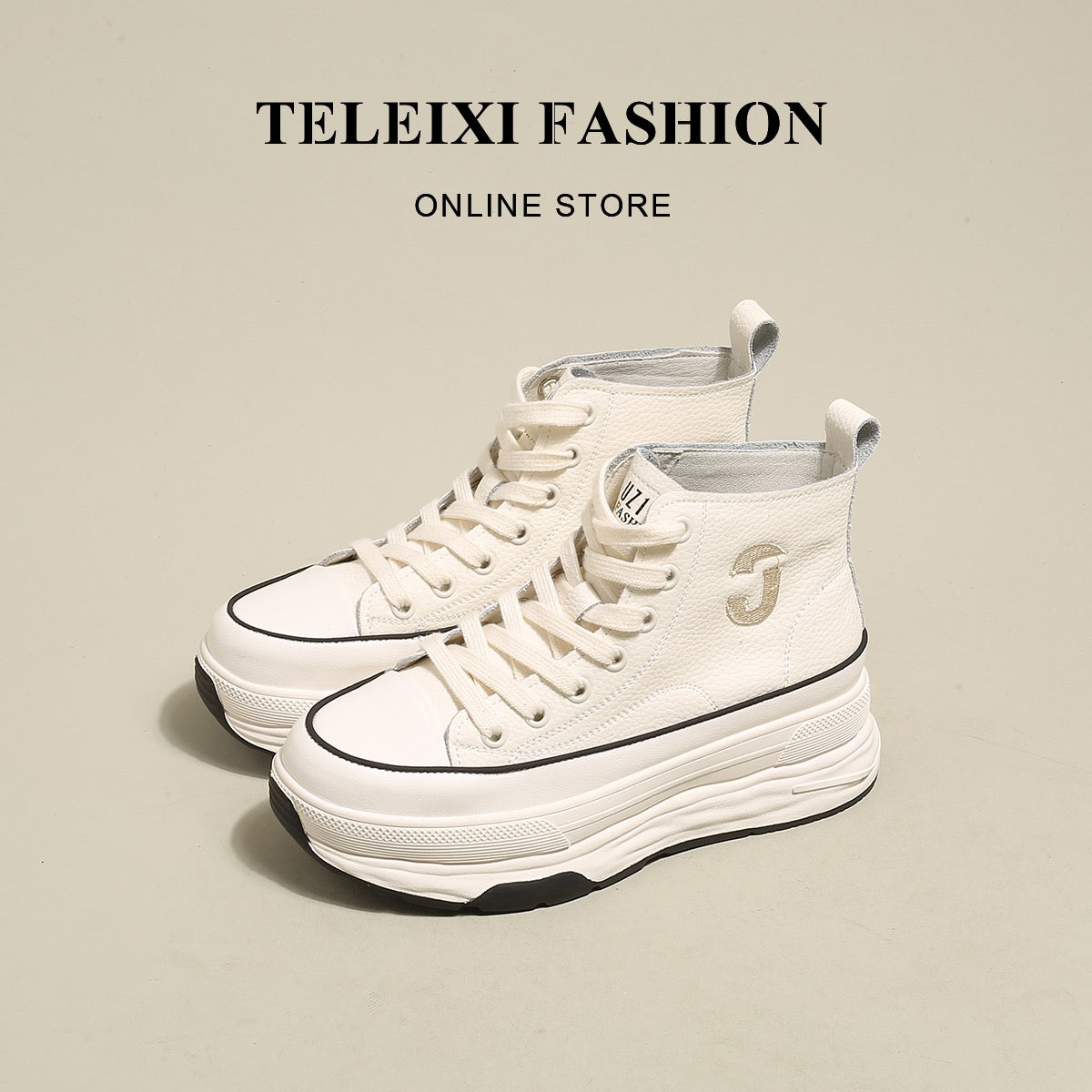TELEIXI casual all-match ~ leather thick-soled high-top shoes women's 2022 new autumn sports fashion white shoes