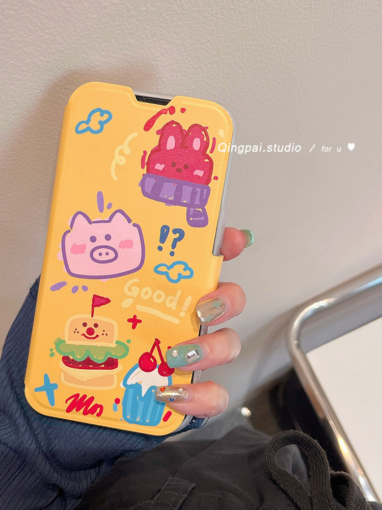 Light faction suitable for iphone14promax mobile phone case new Apple 13 cartoon puppy hamburger graffiti 12 female 11 flip shell 14pm net red creative personality all-inclusive anti-fall soft shell protective cover