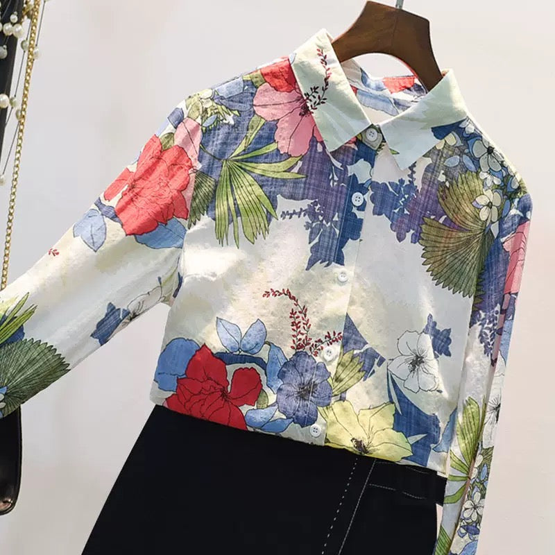 Genuine women's printed shirt women's retro spring and autumn loose cotton and linen floral top women's summer long sleeves