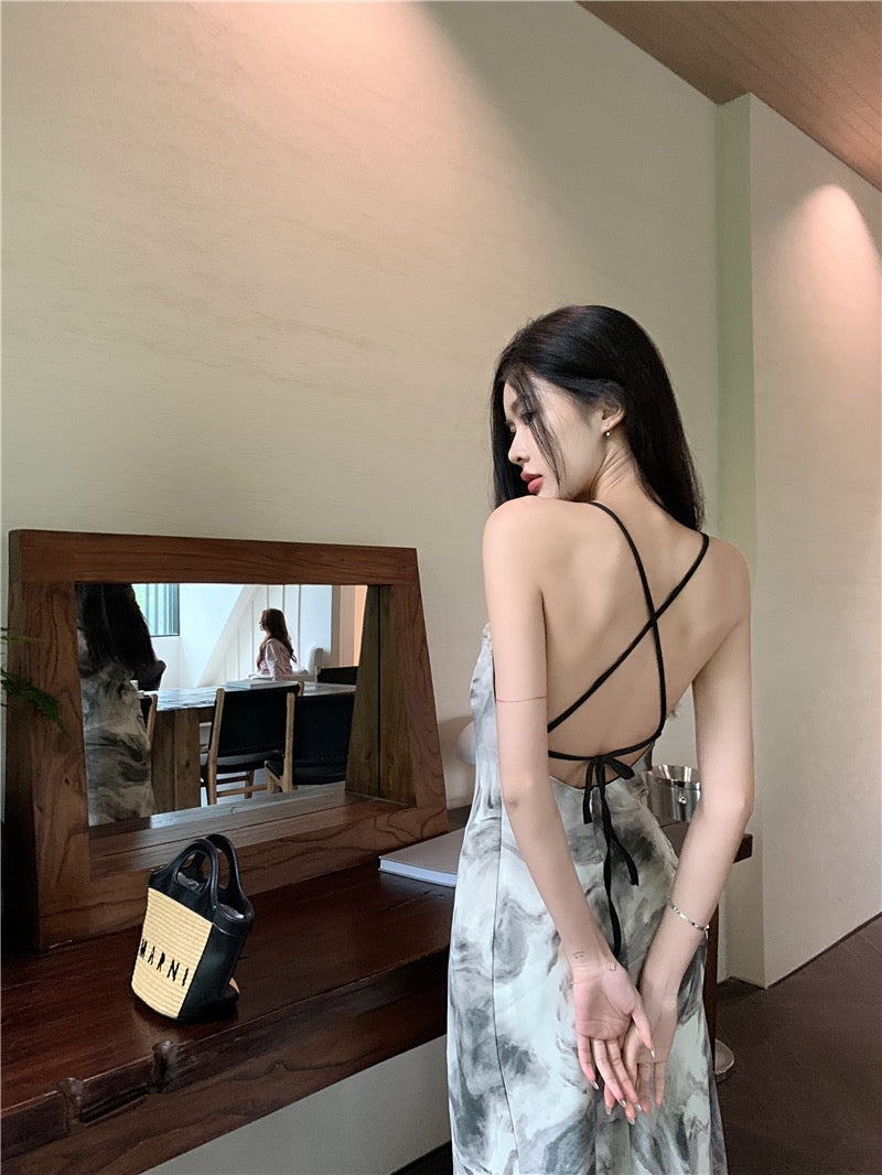 Retro ink flower sling dress female summer design sense niche open back a-line long skirt hot girl mermaid skirt