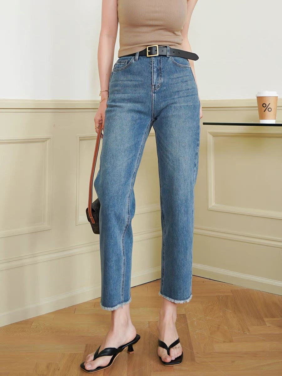 GUS is actually very thin light-colored high-waisted jeans Cotton elastic comfortable nine-point pants spring and summer thin straight-leg pants