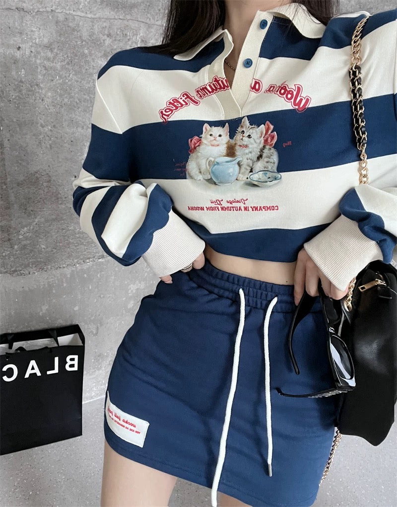 Cat Sweater Women's Autumn American Retro Polo Collar High Street Short Sweet Spice Striped Loose Long Sleeve Top 1584