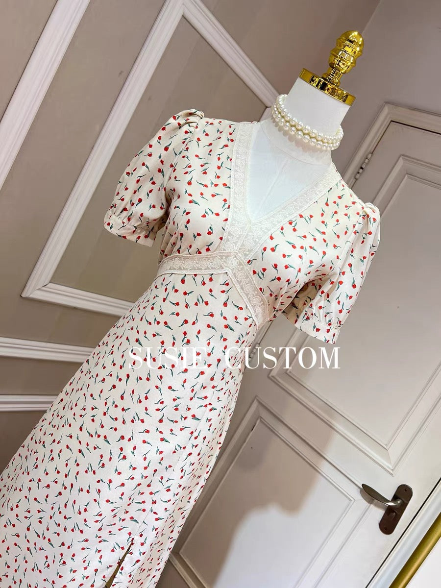 Customized models show temperament simple small floral V-neck lace lace puff sleeves slim waist A-line slit midi skirt