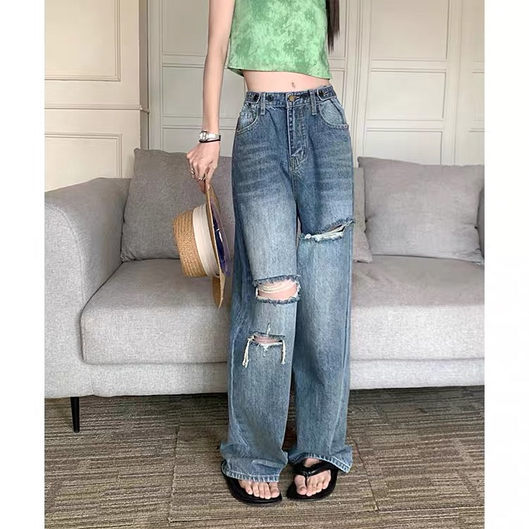 kumikumi hot girl ripped straight pants jeans women's summer high waist beggar pants loose wide leg pants long pants 1117