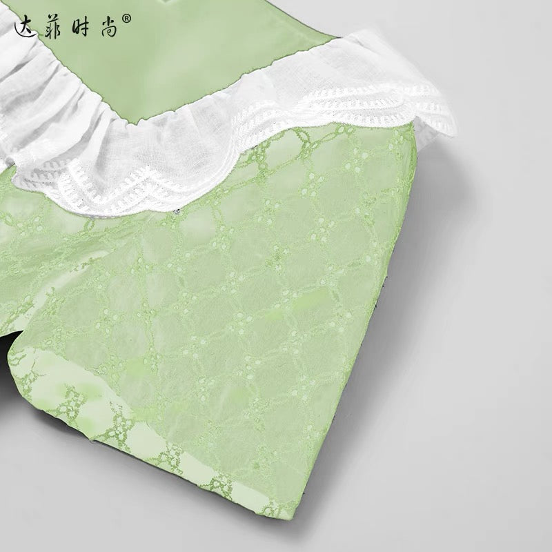 2022 summer new fashion lotus leaf lace square neck hollow embroidery simple A swing green short dress
