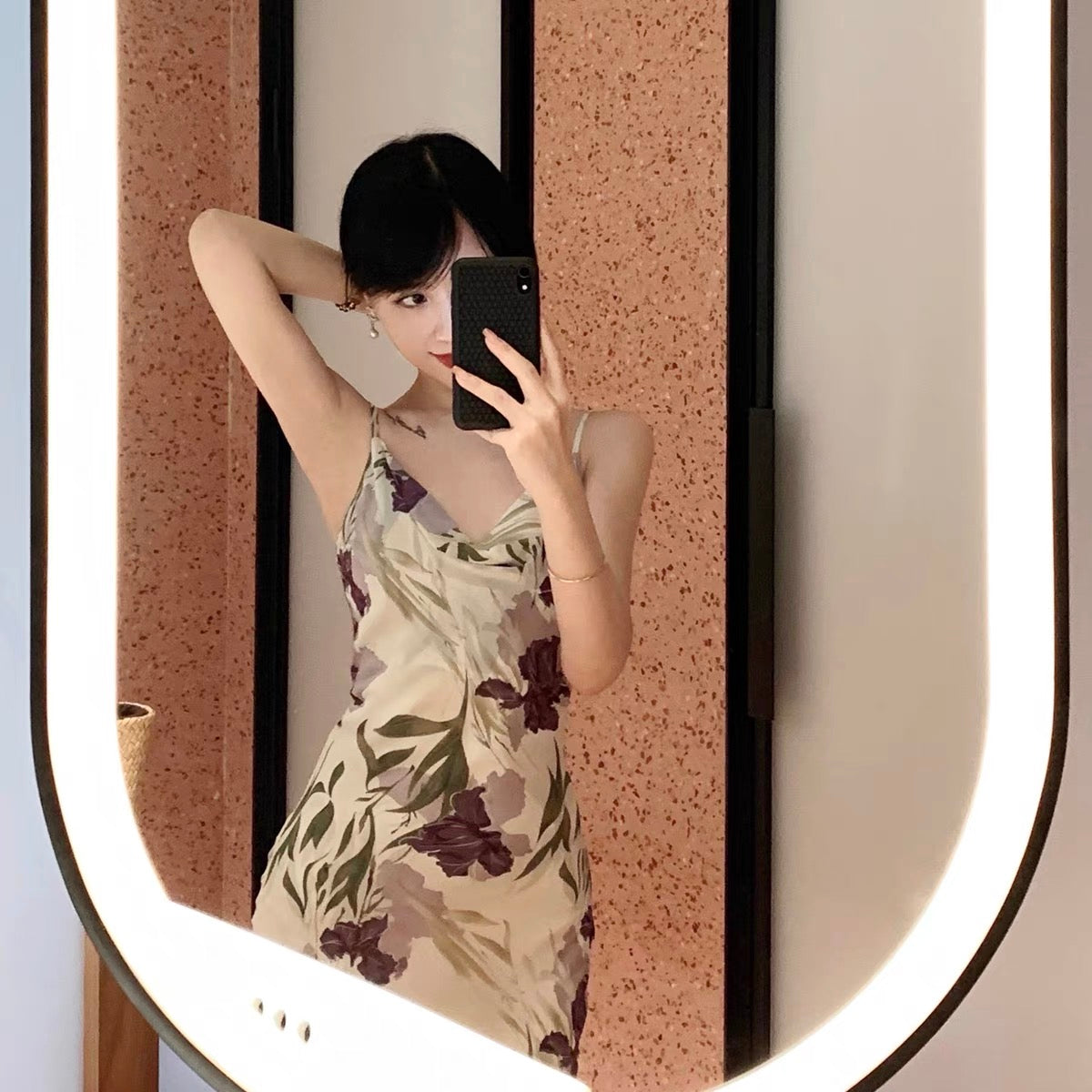 Luhe Clothing French Collar Dress Iris Print Chiffon Sling Dress Summer Women's Retro Romantic Long Dress 1246