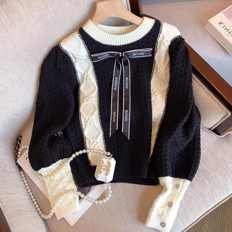 French style small fragrance color matching bowknot sweater women's autumn 2022 new exquisite high-end round neck pullover sweater