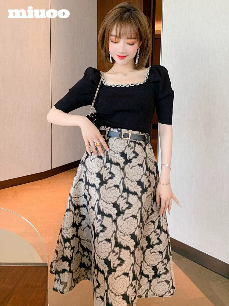 miuco design sense square neck knitted T-shirt + flower jacquard high waist skirt suit female 2022 summer new