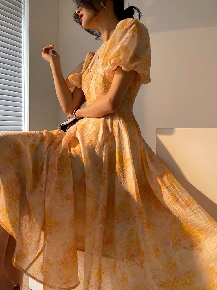 Aconiconi|Oranger Whisper French Oil Painting Print High Sense Fashion Dress Puff Sleeve Midi Dress