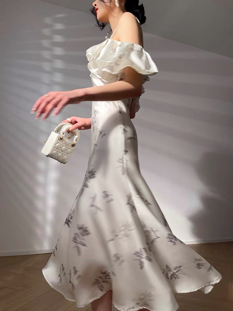 Aconiconi|Lengxiang Shenlan goddess temperament high-end French print slim dress mid-length dress