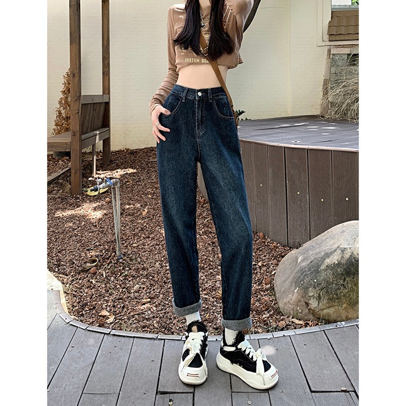 High waist loose washed jeans women's autumn and winter Korean version 2022 new dark color thin all-match straight trousers ins
