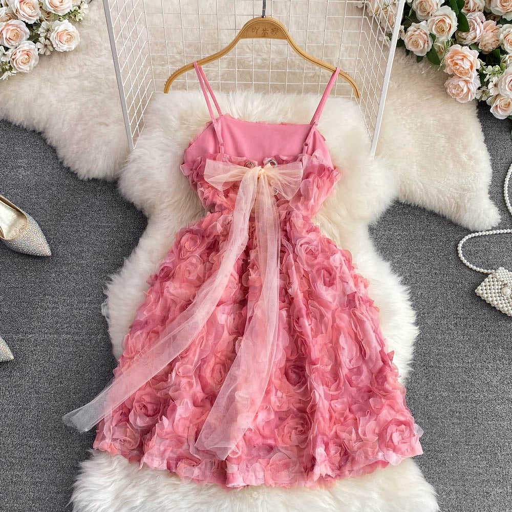 Summer dress new French style retro temperament three-dimensional rose tube top suspender skirt waist slimming a-line dress female