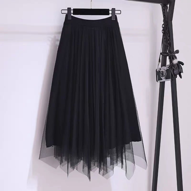 Red Knitted Sweater Dress Suit Autumn and Winter Small Autumn Dress Temperament Goddess Fan Mesh Skirt Two-piece Set
