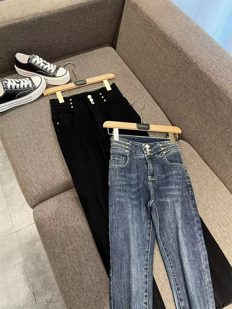 VANLU must buy when entering the store! Classic slim pants king ~ retro high-waisted white frayed slim-fit nine-point jeans 1728