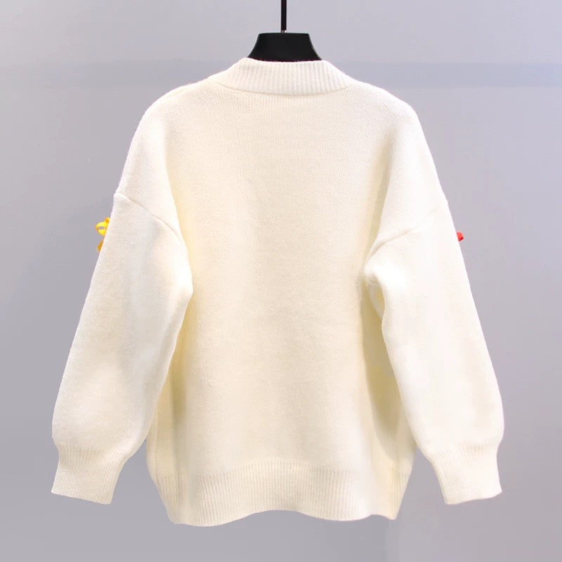 Japanese bow sweater jacket women's autumn and winter 2022 new loose and lazy style age-reducing V-neck knitted cardigan