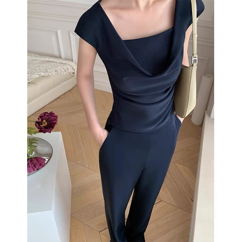 MONA original summer temperament commuter casual windy collar satin shirt trousers suit women