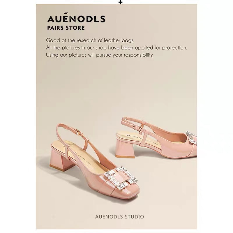 AUENODLS leather nude pink back strap rhinestone square head thick heel single shoes square buckle Baotou Mary Jane sandals women