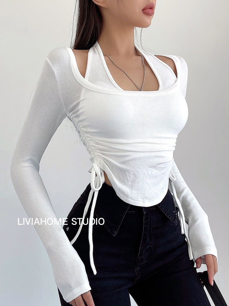 liviahome careful machine pure desire hot girl hanging neck long-sleeved T-shirt female tight-fitting short bottoming shirt two-piece top