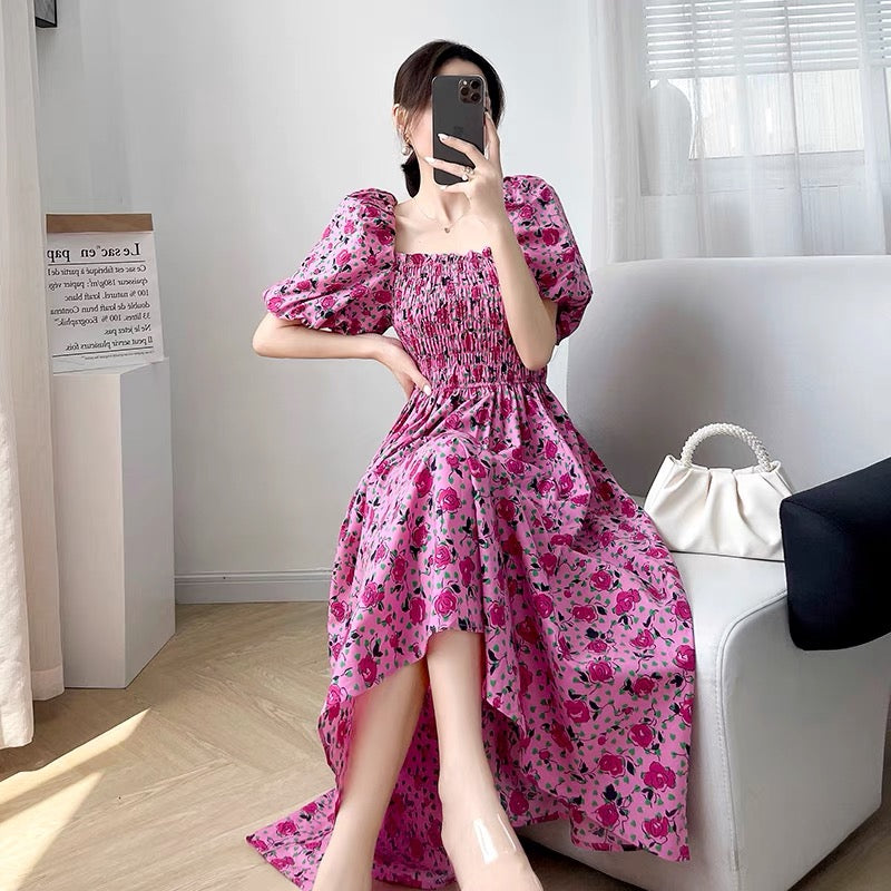 2022 new women's summer square collar floral puff sleeve dress women waist slim temperament French A-line dress