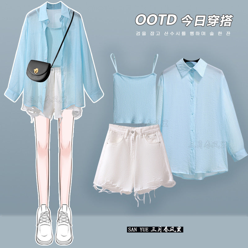 Playful women's lively shorts suit 2023 new women's high-end summer sunscreen shirt suspenders three-piece set two