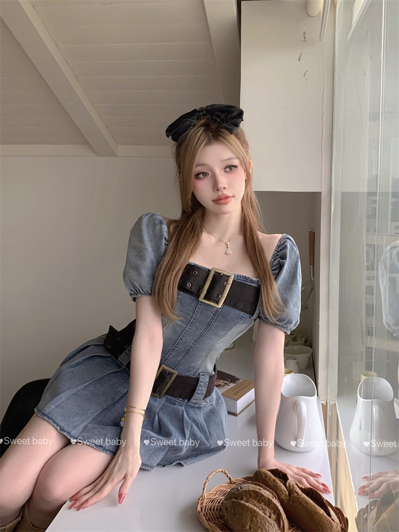 Retro denim one-shoulder dress female summer pleated skirt waist sweet hot girl sexy strapless a-line skirt