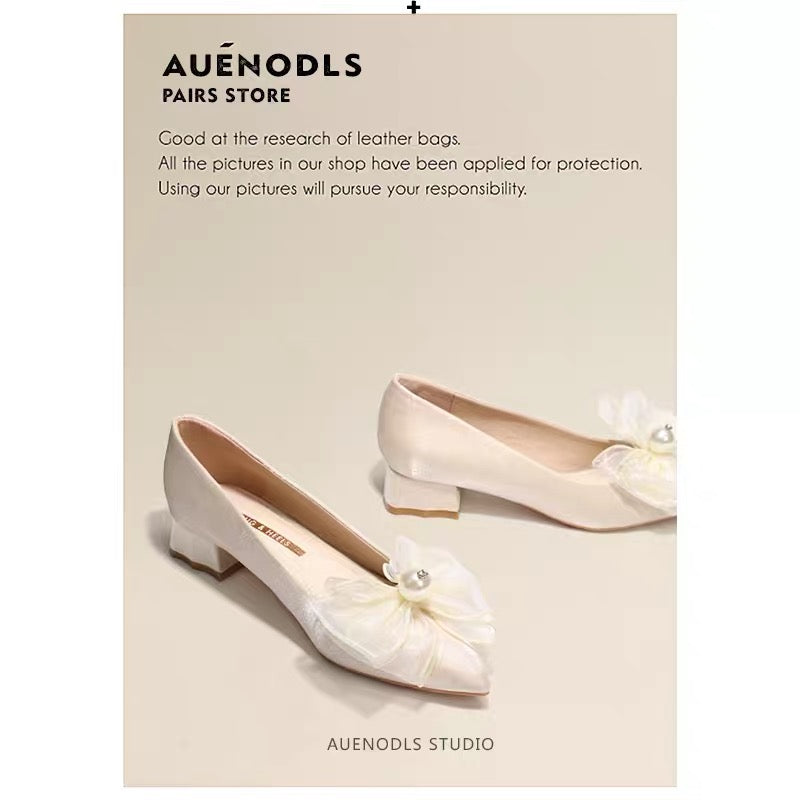 AUENODLS apricot bow pearl pointed thick heel shoes high-end French flat wedding shoes main wedding dress girl