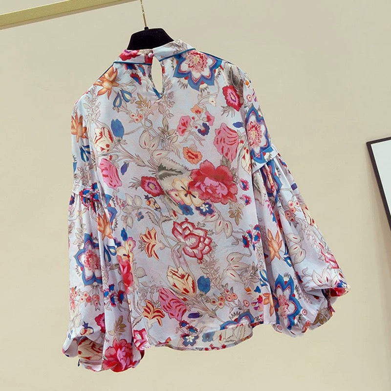 Women's clothing cut label design niche printing stand-up collar chiffon shirt women's long-sleeved shirt 1729