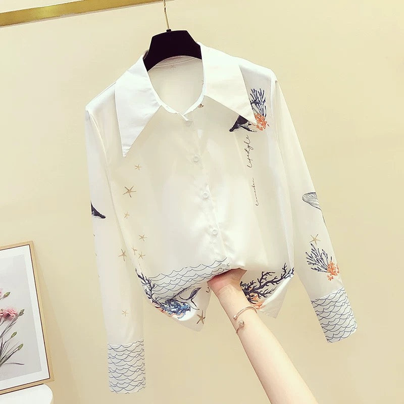 Women's clothing cutting label counters withdrawing foreign trade spring and autumn foreign air lotus leaf collar wave point chiffon shirt top women
