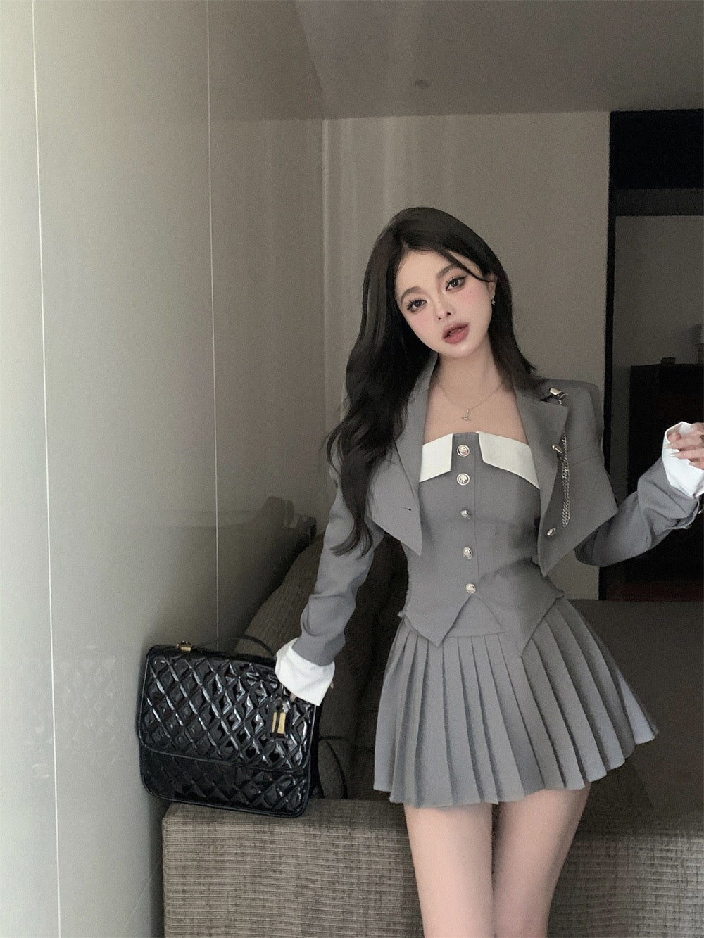 jk uniform suit tube top vest suit jacket women's spring high waist sexy pleated skirt skirt two-piece set