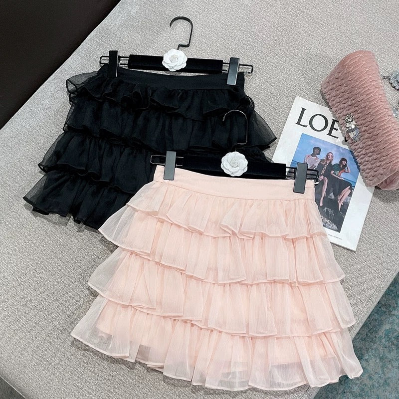 2022 summer new French sweet all-match high waist solid color slim cake lace pleated chiffon skirt women 1601