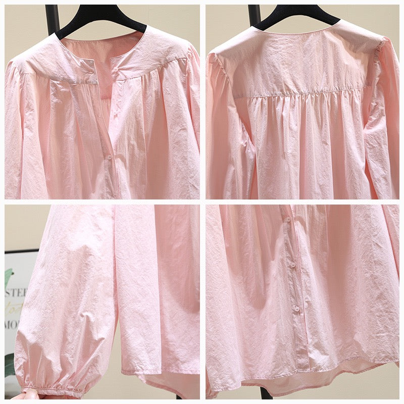 Design sense niche round neck white shirt women's 2023 spring and autumn new age-reducing all-match lantern sleeve shirt top