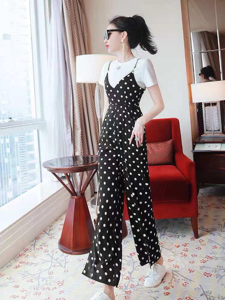 Casual fashion suit female 2022 new summer ladies short-sleeved top split polka dot overalls two-piece tide