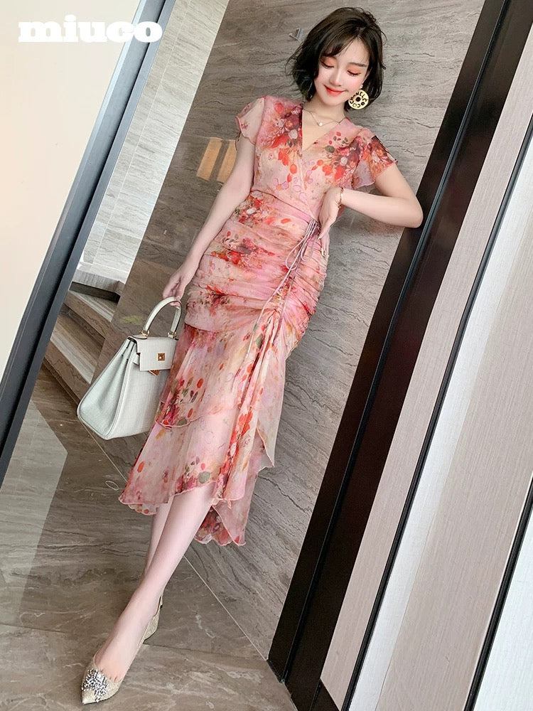 miuco silk crepe print folded placket V-neck three-dimensional smocked ruffled dress women's 2022