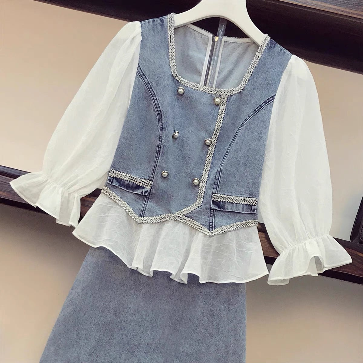 Large size women's clothing 2021 summer new fat sister show thin and reduce age fried street cover belly denim skirt two-piece suit